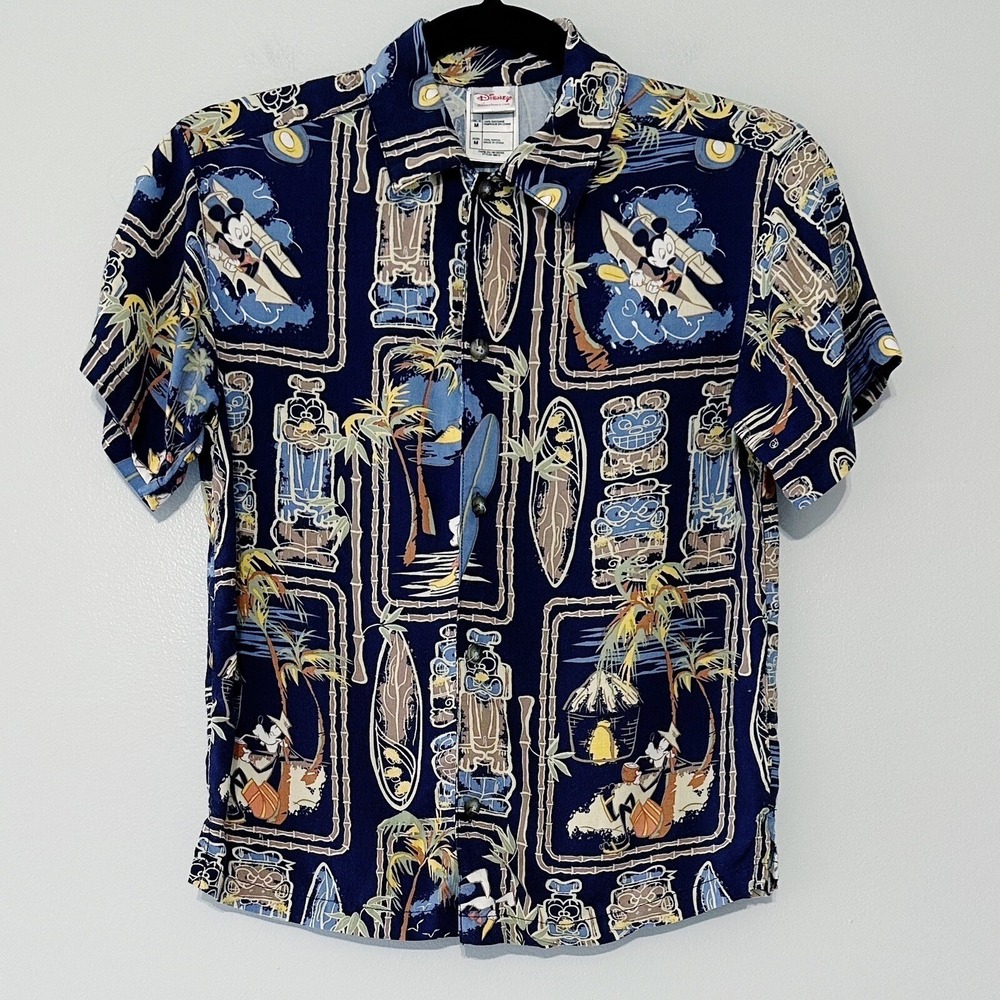 Disney Hawaiian Shirt Size Youth Medium Mickey Goofy Tiki Surfboard Fast Ship